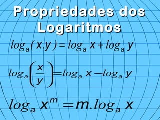 Propriedades dosPropriedades dos
LogaritmosLogaritmos
yxyx aaa loglog).(log +=
yx
y
x
aaa logloglog −=





xmx a
m
a log.log =
 