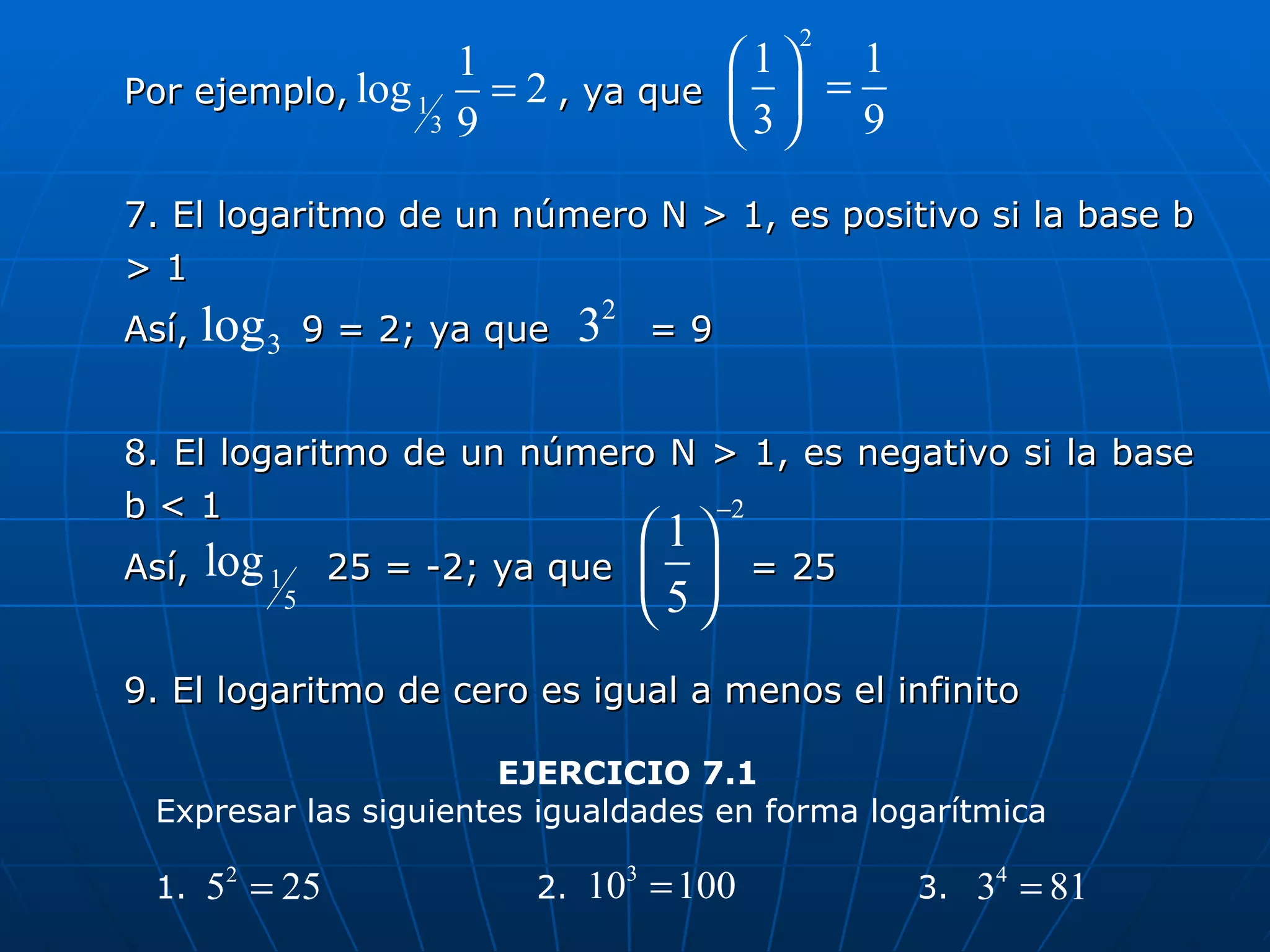 Por ejemplo,   , ya que  7. El logaritmo de un número N > 1, es positivo si la base b > 1 Así,  9 = 2; ya que  = 9 8. El logaritmo de un número N > 1, es negativo si la base b < 1 Así,  25 = -2; ya que  = 25 9. El logaritmo de cero es igual a menos el infinito EJERCICIO 7.1 Expresar las siguientes igualdades en forma logarítmica 1.  2.  3.  