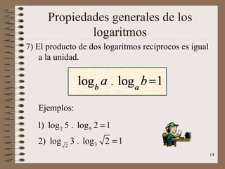 Propiedades generales de los
              logaritmos
7) El producto de dos logaritmos recíprocos es igual
    a la unidad.




   Ejemplos:
   1) log 2 5 . log 5 2 = 1
   2) log 2 3 . log 3 2 = 1
                                                       14
 