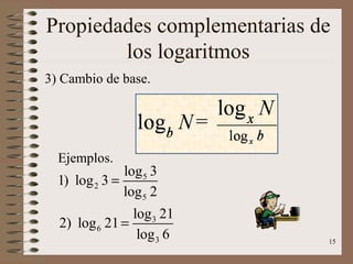 Propiedades complementarias de
        los logaritmos
3) Cambio de base.




  Ejemplos.
               log 5 3
  1) log 2 3 =
               log 5 2
                log 3 21
  2) log 6 21 =
                 log 3 6     15
 