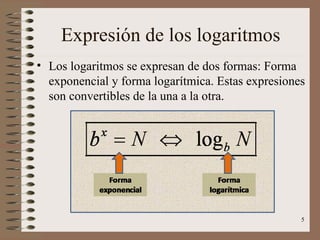 Expresión de los logaritmos
• Los logaritmos se expresan de dos formas: Forma
  exponencial y forma logarítmica. Estas expresiones
  son convertibles de la una a la otra.




                                                   5
 
