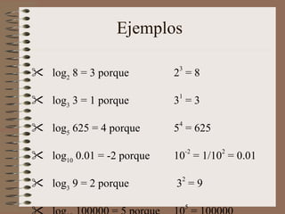Ejemplos

                            3
 log2 8 = 3 porque        2 =8
                            1
 log3 3 = 1 porque        3 =3

 log5 625 = 4 porque      54 = 625
                                -2    2
 log10 0.01 = -2 porque   10 = 1/10 = 0.01

 log3 9 = 2 porque        32 = 9
                                5
 