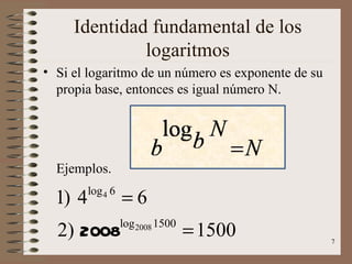 Identidad fundamental de los
              logaritmos
• Si el logaritmo de un número es exponente de su
  propia base, entonces es igual número N.




  Ejemplos.

  1) 4   log 4 6
                   =6
  2) 2008          log 2008 1500
                                   = 1500           7
 