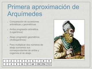 Primera aproximación de
Arquímedes
Comparación de sucesiones
aritméticas y geométricas
Arriba progresión aritmética
(Logaritmos)
Abajo progresión geométrica
(Antilogaritmos)
Para multiplicar dos números de
abajo sumamos sus
correspondientes de arriba y
cogemos el de abajo
 