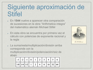 Siguiente aproximación de
Stifel
En 1544 vuelve a aparecer otra comparación
de sucesiones en la obra “Arithmetica integra”
del matemático alemán Michael Stifel
En esta obra se encuentra por primera vez el
cálculo con potencias de exponente racional y
la regla
La suma/resta/multiplicación/división arriba
corresponde con la
multiplicación/división/potenciación/raíz de
abajo
 