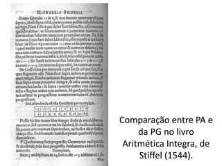 Comparação entre PA e
da PG no livro
Aritmética Integra, de
Stiffel (1544).
 