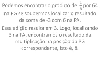 Podemos encontrar o produto de
1
8
por 64
na PG se soubermos localizar o resultado
da soma de -3 com 6 na PA.
Essa adição resulta em 3. Logo, localizando
3 na PA, encontramos o resultado da
multiplicação na posição da PG
correspondente, isto é, 8.
 