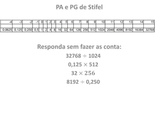 PA e PG de Stifel
Responda sem fazer as conta:
32768 ÷ 1024
0,125 × 512
32 × 𝟐𝟓𝟔
8192 ÷ 0,250
 
