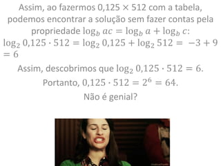 Assim, ao fazermos 0,125 × 512 com a tabela,
podemos encontrar a solução sem fazer contas pela
propriedade log𝑏 𝑎𝑐 = log𝑏 𝑎 + log𝑏 𝑐:
log2 0,125 ∙ 512 = log2 0,125 + log2 512 = −3 + 9
= 6
Assim, descobrimos que log2 0,125 ∙ 512 = 6.
Portanto, 0,125 ∙ 512 = 26
= 64.
Não é genial?
 