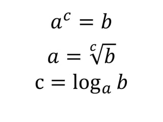𝑎𝑐
= 𝑏
𝑎 =
𝑐
𝑏
c = log𝑎 𝑏
 
