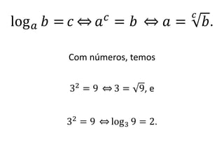log𝑎 𝑏 = 𝑐 ֞ 𝑎𝑐
= 𝑏 ֞ 𝑎 =
𝑐
𝑏.
Com números, temos
32
= 9 ֞ 3 = 9, e
32
= 9 ֞ log3 9 = 2.
 