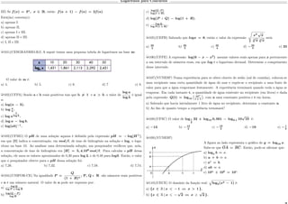 Logaritmos para Concursos
III) Se 𝑓(𝑥) = 3 𝑥
, 𝑥 ∈ R, então 𝑓(𝑎 + 1) − 𝑓(𝑎) = 2𝑓(𝑎).
Está(ão) correta(s):
a) apenas I.
b) apenas II.
c) apenas I e III.
d) apenas II e III.
e) I, II e III.
µ101)(CESGRANRIO-RJ) A seguir temos uma pequena tabela de logaritmos na base m:
O valor de m é:
a) 4. b) 5. c) 6. d) 7 e) 8.
µ102)(UFPA) Sendo a e b reais positivos tais que b ̸= 1 e 𝑎 > 𝑏, o valor de
log 𝑎
log 𝑏
é igual
a:
a) log(𝑎 − 𝑏).
b) log 𝑎
𝑏
.
c) log 𝑎
1
log 𝑏 .
d) log 𝑎 − log 𝑏.
e) log(𝑎𝑏)−1
.
µ103)(UFMG) O 𝑝𝐻 de uma solução aquosa é definido pela expressão 𝑝𝐻 = − log[𝐻+
],
em que [H] indica a concentração, em 𝑚𝑜𝑙/ℓ, de íons de hidrogênio na solução e log, o loga-
ritmo na base 10. Ao analisar uma determinada solução, um pesquisador verificou que, nela,
a concentração de íons de hidrogênio era [𝐻] = 5, 4.108
𝑚𝑜𝑙/ℓ. Para calcular o 𝑝𝐻 dessa
solução, ele usou os valores aproximados de 0,30 para log 2, e de 0,48 para 𝑙𝑜𝑔3. Então, o valor
que o pesquisador obteve para o 𝑝𝐻 dessa solução foi:
a) 7,26. b) 7,32. c) 7,58. d) 7,74.
µ104)(UNIFOR-CE) Na igualdade 𝑃 =
𝑄
(1 + 𝑅) 𝑛
, P, Q e R são números reais positivos
e n é um número natural. O valor de n pode ser expresso por:
a) log 𝑄
log 𝑃 + log 𝑅
b) log(𝑄 − 𝑃 )
log 𝑅
c) log(𝑄 : 𝑃 )
log(1 + 𝑅)
d) log(𝑃 : 𝑄) − log(1 + 𝑅).
e) log 𝑄
log 𝑃 (1 + 𝑅)
.
µ105)(UEPB) Sabendo que 𝑙𝑜𝑔𝑥 = 8, então o valor da expressão
√︃
𝑥3
√
𝑥
3
√
𝑥 4
√
𝑥
será:
a) 35
2
b) 35
3
c) 35
4
d) −35
3
e) 35
µ106)(UFPE) A expressão log(6 − 𝑥 − 𝑥2
) assume valores reais apenas para 𝑥 pertencente
a um intervalo de números reais, em que 𝑙𝑜𝑔 é o logaritmo decimal. Determine o comprimento
desse intervalo.
µ107)(VUNESP) Numa experiência para se obter cloreto de sódio (sal de cozinha), colocou-se
num recipiente uma certa quantidade de água do mar e expôs-se o recipiente a uma fonte de
calor para que a água evaporasse lentamente. A experiência terminará quando toda a água se
evaporar. Em cada instante t, a quantidade de água existente no recipiente (em litros) e dada
pela expressão 𝑄(𝑡) = log10
(︀
10 𝑛
𝑡 + 1
Š
, com n uma constante positiva e t em horas.
a) Sabendo que havia inicialmente 1 litro de água no recipiente, determine a constante n.
b) Ao fim de quanto tempo a experiência terminará?
µ108)(UFSC) O valor de log1
2
32 + log10 0, 001 − log0,1 10
√
10 é:
a) −13 b) −13
2
c) −19
2
d) −19 e) −1
2
µ109)(VUNESP)
A figura ao lado representa o gráfico de 𝑦 = log10 𝑥.
Sabe-se que 𝑂𝐴 = 𝐵𝐶. Então, pode-se afirmar que:
a) log 𝑎 𝑏 = 𝑐.
b) 𝑎 + 𝑏 = 𝑐.
c) 𝑎 𝑐
= 𝑏.
d) 𝑎𝑏 = 𝑐.
e) 10 𝑎
+ 10 𝑏
= 10 𝑐
.
µ110)(UECE) O domínio da função real:
È
log5(𝑥2 − 1) é:
a) {𝑥 ∈ R | 𝑥 < − 1 ou 𝑥 > 1 }.
b) {𝑥 ∈ R | 𝑥 −
√
2 ou 𝑥
√
2 }.
 