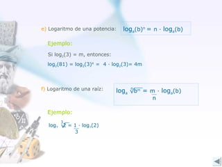 e) Logaritmo de una potencia: loga(b)n = n · loga(b) 
Ejemplo: 
Si log2(3) = m, entonces: 
log2(81) = log2(3)4 = 4 · log2(3)= 4m 
loga √ 
bm = m · log(b) 
an 
n 
f) Logaritmo de una raíz: 
Ejemplo: 
log7 2 = 1 · log7(2) 
3 
3√ 
 