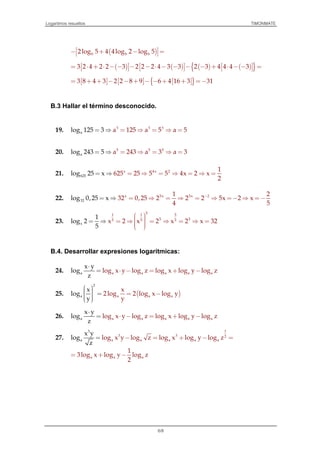 Logaritmos resueltos TIMONMATE
6/8
( )b b b2log 5 4 4log 2 log 5 − + − = 
( ) ( ) ( ) ( ){ }3 2 4 2 2 3 2 2 2 4 3 3 2 3 4 4 4 3     = ⋅ + ⋅ − − − − ⋅ − − − − + ⋅ − − =     
[ ] [ ] [ ]{ }3 8 4 3 2 2 8 9 6 4 16 3 31= + + − − + − − + + =−
B.3 Hallar el término desconocido.
19. 3 3 3
a a 1l 25 a 5 ao 5g 125 3 = ⇒ = ⇒⇒ ==
20. 5 5 5
a a 2l 43 a 3 ao 3g 243 5 = ⇒ = ⇒⇒ ==
21. 62
4 2x
5
x 1
25 5 5 4x 2log 25 x 625 x
2
= ⇒ = ⇒ = ⇒ == ⇒
22. x 5x
32
5x 21 2
32 0,25 2 2 2 5x 2 x
4
log 0,25 x
5
−
= ⇒ = ⇒ = −= = ⇒ = −⇒ ⇒
23.
51 1 5
5 55 5
x
5
x 2 x 2 x 2
1
log 22 x 3
5
  = ⇒ = ⇒ = ⇒ =   
= ⇒
B.4. Desarrollar expresiones logarítmicas:
24. a a aa a alog x y log z log x lo
x y
l g y logg
z
zo
⋅
⋅ + −= − =
25. ( )
2
a aa a
x
2log
x
2 lol g x log y
y
og
y
   =  = −
 
26. a a aa a alog x y log z log x lo
x y
l g y logg
z
zo
⋅
⋅ + −= − =
27.
3 1
3 3 2
a a a a aa log x y log
x y
log z log x log g
z
y lo z− = + −= =
a a a
1
3log x log y log z
2
= + −
 