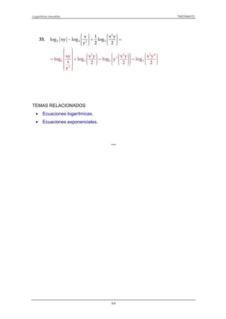Logaritmos resueltos TIMONMATE
8/8
33. ( )
2
2 2 22
x yx 1
log xy log log
y 2 2
      − + =       
2 2 2 4
3
2 2 2 2
2
xy x y x y x y
log log log y log
x 2 2 2
y
                     = + = =                        
TEMAS RELACIONADOS
• Ecuaciones logarítmicas.
• Ecuaciones exponenciales.
***
 