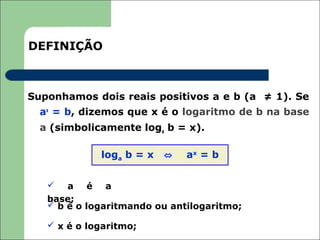 DEFINIÇÃO



Suponhamos dois reais positivos a e b (a ≠ 1). Se
  ax = b, dizemos que x é o logaritmo de b na base
  a (simbolicamente loga b = x).

             loga b = x   ⇔   ax = b


      a é a
   base;
    b é o logaritmando ou antilogaritmo;

    x é o logaritmo;
 