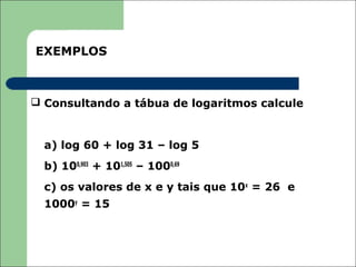 EXEMPLOS



 Consultando a tábua de logaritmos calcule


  a) log 60 + log 31 – log 5
  b) 100,903 + 101,505 – 1000,69
  c) os valores de x e y tais que 10x = 26 e
  1000y = 15
 