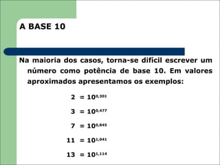 A BASE 10



Na maioria dos casos, torna-se difícil escrever um
  número como potência de base 10. Em valores
  aproximados apresentamos os exemplos:

             2 = 100,301

             3 = 100,477

             7 = 100,845

            11 = 101,041

            13 = 101,114
 