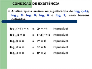CONDIÇÃO DE EXISTÊNCIA

 Analise quais seriam os significados de log2 (–4),
  log(–2) 8, log7 0, log1 6 e log0 2, caso fossem
  definidos.


 log2 (–4) = x   ⇒   2x = –4   impossível

 log–2 8 = x     ⇒   (–2)x = 8 impossível

 log7 0 = x      ⇒   7x = 0    impossível

 log1 6 = x      ⇒   1x = 6    impossível

 log0 2 = x      ⇒   0x = 2    impossível
 