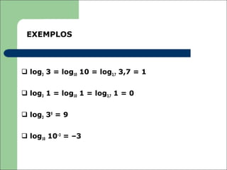 EXEMPLOS



 log3 3 = log10 10 = log3,7 3,7 = 1


 log3 1 = log10 1 = log3,7 1 = 0


 log3 39 = 9


 log10 10–3 = –3
 