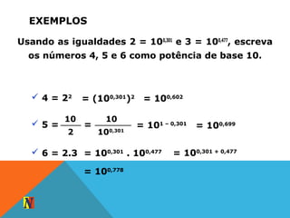 EXEMPLOS
Usando as igualdades 2 = 100,301
e 3 = 100,477
, escreva
os números 4, 5 e 6 como potência de base 10.
 4 = 22
= (100,301
)2
= 100,602
 5 = = = 101 – 0,301
10
2
10
100,301
= 100,699
 6 = 2.3 = 100,301
. 100,477 = 100,301 + 0,477
= 100,778
 