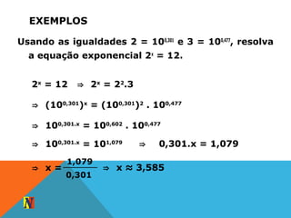 EXEMPLOS
Usando as igualdades 2 = 100,301
e 3 = 100,477
, resolva
a equação exponencial 2x
= 12.
2x
= 12 ⇒ 2x
= 22
.3
⇒ (100,301
)x
= (100,301
)2
. 100,477
⇒ 100,301.x
= 100,602
. 100,477
⇒ 100,301.x
= 101,079 ⇒ 0,301.x = 1,079
⇒ x =
1,079
0,301
⇒ x ≈ 3,585
 