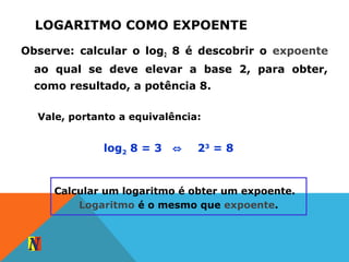 LOGARITMO COMO EXPOENTE
Observe: calcular o log2 8 é descobrir o expoente
ao qual se deve elevar a base 2, para obter,
como resultado, a potência 8.
Vale, portanto a equivalência:
log2 8 = 3 ⇔ 23
= 8
Calcular um logaritmo é obter um expoente.
Logaritmo é o mesmo que expoente.
 