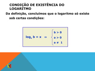 CONDIÇÃO DE EXISTÊNCIA DO
LOGARITMO
Da definição, concluímos que o logaritmo só existe
sob certas condições:
loga b = x ⇔
b > 0
a > 0
a ≠ 1
 