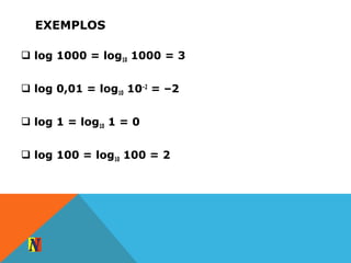 EXEMPLOS
 log 1000 = log10 1000 = 3
 log 0,01 = log10 10–2
= –2
 log 1 = log10 1 = 0
 log 100 = log10 100 = 2
 
