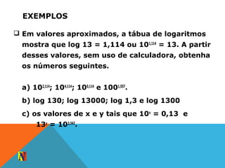 EXEMPLOS
 Em valores aproximados, a tábua de logaritmos
mostra que log 13 = 1,114 ou 101,114
= 13. A partir
desses valores, sem uso de calculadora, obtenha
os números seguintes.
a) 102,114
; 104,114
; 100,114
e 1001,557
.
b) log 130; log 13000; log 1,3 e log 1300
c) os valores de x e y tais que 10x
= 0,13 e
13y
= 103,342
.
 