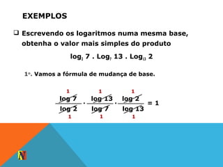 EXEMPLOS
 Escrevendo os logaritmos numa mesma base,
obtenha o valor mais simples do produto
log2 7 . Log7 13 . Log13 2
log 7
log 2
.
1o
. Vamos a fórmula de mudança de base.
log 13
log 7
. log 2
log 13
= 1
1
1
1
1
1
1
 