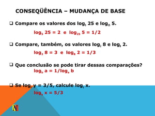CONSEQÜÊNCIA – MUDANÇA DE BASE
 Compare os valores dos log5 25 e log25 5.
 Compare, também, os valores log2 8 e log8 2.
 Que conclusão se pode tirar dessas comparações?
 Se logx y = 3/5, calcule logy x.
log5 25 = 2 e log25 5 = 1/2
log2 8 = 3 e log8 2 = 1/3
logb a = 1/loga b
logy x = 5/3
 