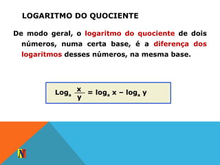 LOGARITMO DO QUOCIENTE
De modo geral, o logaritmo do quociente de dois
números, numa certa base, é a diferença dos
logaritmos desses números, na mesma base.
Loga = loga x – loga yx
y
 