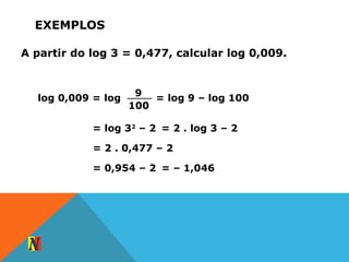 EXEMPLOS
A partir do log 3 = 0,477, calcular log 0,009.
log 0,009 = log
9
100
= log 9 – log 100
= log 32
– 2 = 2 . log 3 – 2
= 2 . 0,477 – 2
= 0,954 – 2 = – 1,046
 