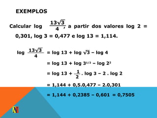 EXEMPLOS
Calcular log , a partir dos valores log 2 =
0,301, log 3 = 0,477 e log 13 = 1,114.
13√3
4
log
13√3
4
= log 13 + log √3 – log 4
= log 13 + log 31/2
– log 22
= log 13 + . log 3 – 2 . log 21
2
= 1,144 + 0,5.0,477 – 2.0,301
= 1,144 + 0,2385 – 0,601 = 0,7505
 
