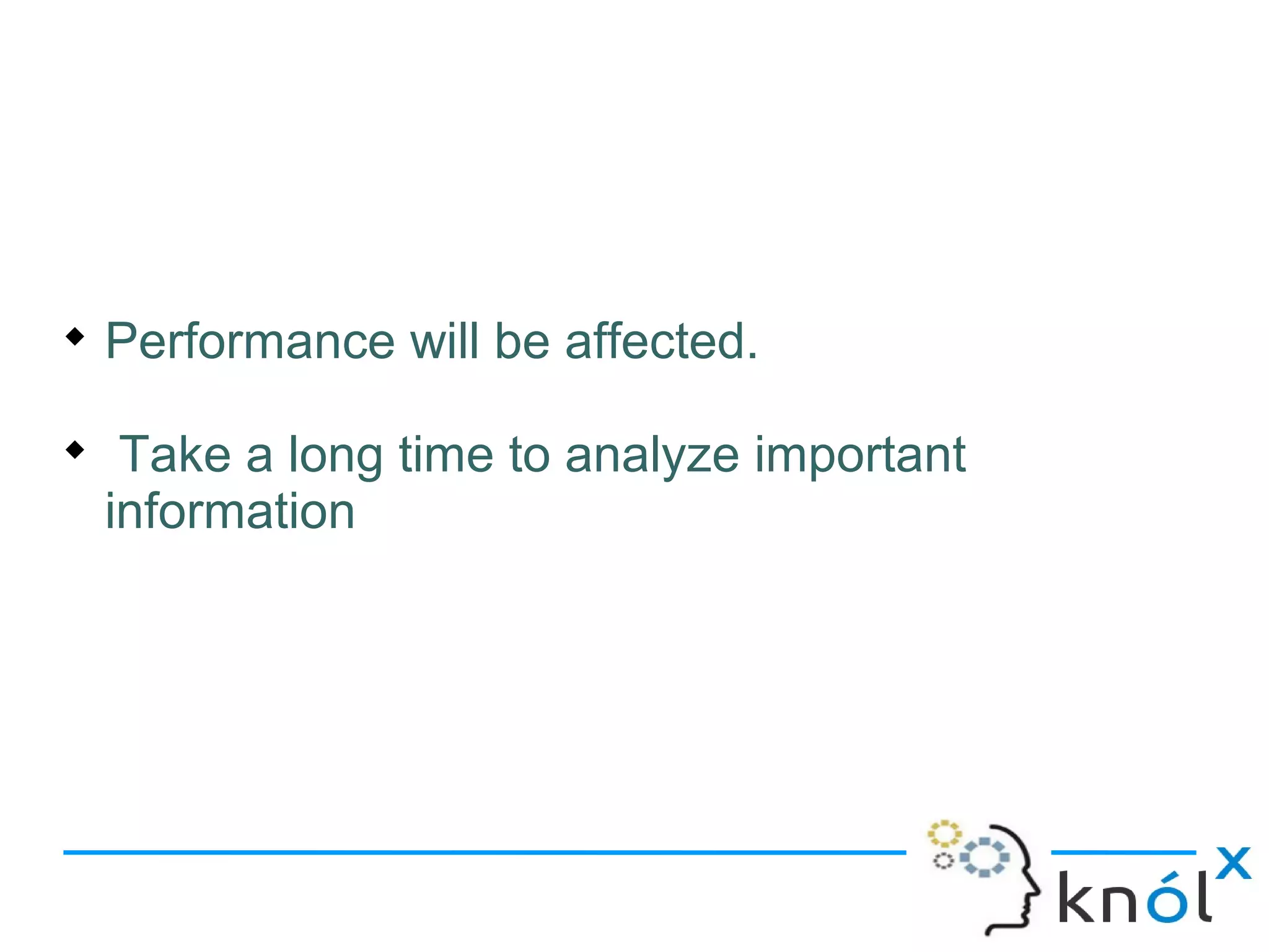 
Performance will be affected.

Take a long time to analyze important
information
 