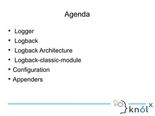 Agenda

Logger

Logback

Logback Architecture

Logback-classic-module

Configuration

Appenders
 