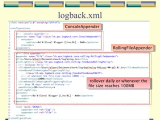 logback.xml ConsoleAppender RollingFileAppender rollover daily or whenever the  file size reaches 100MB 