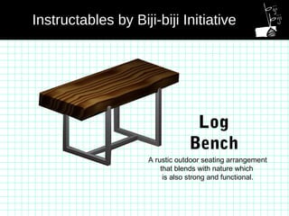 A rustic outdoor seating arrangement
that blends with nature which
is also strong and functional.
Log
Bench
Instructables by Biji-biji Initiative
 