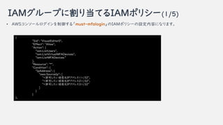 IAM`פ˸굱ƤIAMݥꥷ`(1/5)
? AWS󥽩`롸must-mfaloginIAMݥꥷ`Oݤˤʤޤ
{
"Sid": "VisualEditor0",
"Effect": "Allow",
"Action": [
"iam:ListUsers",
"iam:ListVirtualMFADevices",
"iam:ListMFADevices
],
"Resource": "*",
"Condition": {
"IpAddress": {
"aws:SourceIp": [
"<SɤԪIPɥ쥹1>/32",
"<SɤԪIPɥ쥹2>/32",
"<SɤԪIPɥ쥹3>/32"
]
}
}
},
 