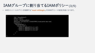 IAM`פ˸굱ƤIAMݥꥷ`(3/5)
{
"Sid": "VisualEditor2",
"Effect": "Deny",
"Action": "sts:AssumeRole",
"Resource": "arn:aws:iam:::role/switch-dev-role",
"Condition": {
"NotIpAddress": {
"aws:SourceIp": [
"<SɤԪIPɥ쥹1>/32",
"<SɤԪIPɥ쥹2>/32",
"<SɤԪIPɥ쥹3>/32"
]
}
}
},
? AWS󥽩`롸must-mfaloginIAMݥꥷ`Oݤˤʤޤ
 