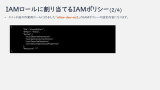 IAM`˸굱ƤIAMݥꥷ`(2/4)
? åIå`˸뤷allow-dev-ec2IAMݥꥷ`Oݤˤʤޤ
{
"Sid": "VisualEditor1",
"Effect": "Allow",
"Action": [
"ec2:DescribeInstances",
"ssm:GetConnectionStatus",
"ssm:DescribeSessions",
"ssm:DescribeInstanceProperties"
],
"Resource": "*
},
 