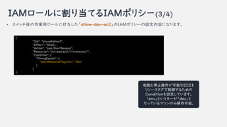 IAM`˸굱ƤIAMݥꥷ`(3/4)
? åIå`˸뤷allow-dev-ec2IAMݥꥷ`Oݤˤʤޤ
{
"Sid": "VisualEditor2",
"Effect": "Allow",
"Action": "ssm:StartSession",
"Resource": "arn:aws:ec2:*:*:instance/*",
"Condition": {
"StringEquals": {
"aws:ResourceTag/env": dev"
}
}
},
ӤֹͣܤEC2
꥽`뤿
ConditionOƤޤ
envȤ`dev
ʤäƤޥΤ߲ܡ
 