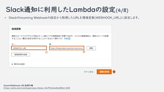 Slack֪ͨäLambdaO(4/8)
? Slackincoming WebhookOȡäURLh(WEBHOOK_URL)Oޤ
SlackWebhook URLȡ
https://qiita.com/vmmhypervisor/items/18c99624a84df8b31008
 
 