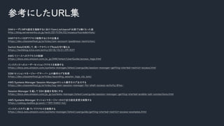οˤURL
IAM`MFAOƤˤiam:ListUsers횤ǤϟoʤäԒ
http://blog.serverworks.co.jp/tech/2019/04/02/mysecuritycredentials/
IAMȤIPޤȤע
https://dev.classmethod.jp/articles/iam-account-ipaddress-restriction/
Switch RoleäơͬһȤRoleФ椨
https://techblog.lclco.com/entry/2018/10/31/091837
AWS ꥽`ؤΥ
https://docs.aws.amazon.com/ja_jp/IAM/latest/UserGuide/access_tags.html
󥹥󥹤ؤΥ``å󥢥
https://docs.aws.amazon.com/systems-manager/latest/userguide/session-manager-getting-started-restrict-access.html
SSM åޥͩ``ǥ`Щ`Ϥβȡ
https://dev.classmethod.jp/articles/recording_session_logs_via_ssm/
AWS Systems Manager Session ManagerΥ
https://dev.classmethod.jp/articles/log-ssm-session-manager-for-shell-access-activity/#toc-
Session Manager ͨ SSH ӾAЄˤ
https://docs.aws.amazon.com/ja_jp/systems-manager/latest/userguide/session-manager-getting-started-enable-ssh-connections.html
AWS Systems Manager åޥͩ``Υ?Oޤ
https://ceblog.mediba.jp/post/178915482142/
󥹥󥹥˻Ťƥޤ
https://docs.aws.amazon.com/systems-manager/latest/userguide/getting-started-restrict-access-examples.html
 