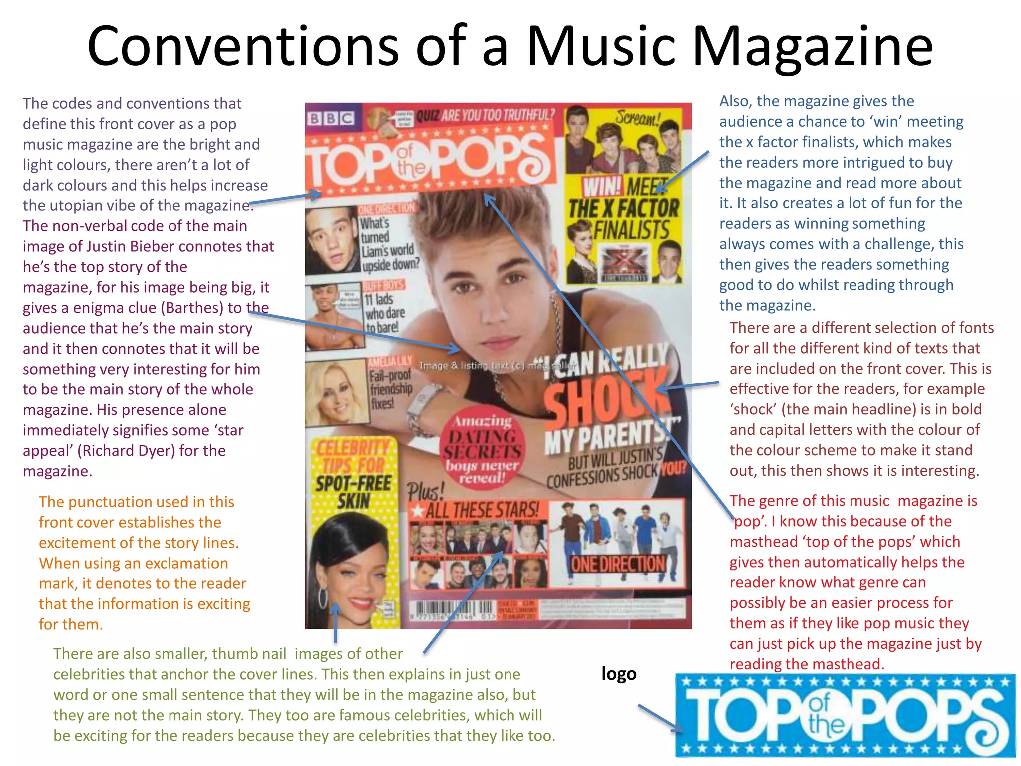 Conventions of a Music Magazine
The codes and conventions that
define this front cover as a pop
music magazine are the bright and
light colours, there aren’t a lot of
dark colours and this helps increase
the utopian vibe of the magazine.
The non-verbal code of the main
image of Justin Bieber connotes that
he’s the top story of the
magazine, for his image being big, it
gives a enigma clue (Barthes) to the
audience that he’s the main story
and it then connotes that it will be
something very interesting for him
to be the main story of the whole
magazine. His presence alone
immediately signifies some ‘star
appeal’ (Richard Dyer) for the
magazine.
There are also smaller, thumb nail images of other
celebrities that anchor the cover lines. This then explains in just one
word or one small sentence that they will be in the magazine also, but
they are not the main story. They too are famous celebrities, which will
be exciting for the readers because they are celebrities that they like too.
Also, the magazine gives the
audience a chance to ‘win’ meeting
the x factor finalists, which makes
the readers more intrigued to buy
the magazine and read more about
it. It also creates a lot of fun for the
readers as winning something
always comes with a challenge, this
then gives the readers something
good to do whilst reading through
the magazine.
There are a different selection of fonts
for all the different kind of texts that
are included on the front cover. This is
effective for the readers, for example
‘shock’ (the main headline) is in bold
and capital letters with the colour of
the colour scheme to make it stand
out, this then shows it is interesting.
The punctuation used in this
front cover establishes the
excitement of the story lines.
When using an exclamation
mark, it denotes to the reader
that the information is exciting
for them.
The genre of this music magazine is
‘pop’. I know this because of the
masthead ‘top of the pops’ which
gives then automatically helps the
reader know what genre can
possibly be an easier process for
them as if they like pop music they
can just pick up the magazine just by
reading the masthead.
logo
 