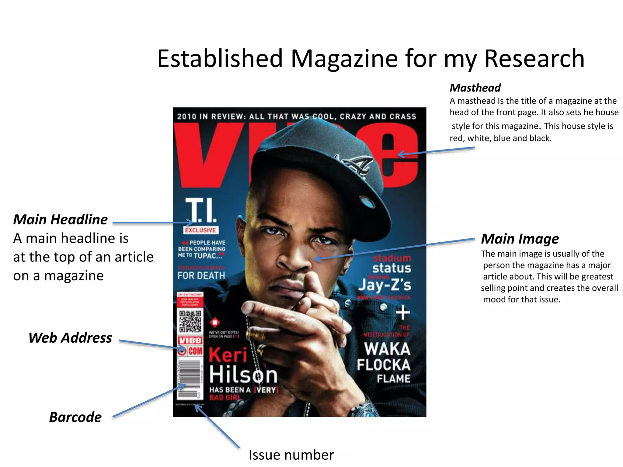 Established Magazine for my Research
Masthead
A masthead Is the title of a magazine at the
head of the front page. It also sets he house
style for this magazine. This house style is
red, white, blue and black.
Main Headline
A main headline is
at the top of an article
on a magazine
Main Image
The main image is usually of the
person the magazine has a major
article about. This will be greatest
selling point and creates the overall
mood for that issue.
Barcode
Web Address
Issue number
 