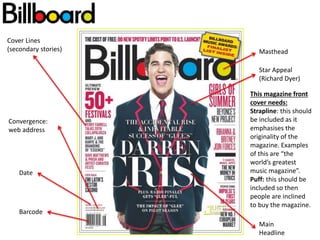 Cover Lines
(secondary stories) Masthead
Star Appeal
(Richard Dyer)
Date
Barcode
Main
Headline
Convergence:
web address
This magazine front
cover needs:
Strapline: this should
be included as it
emphasises the
originality of the
magazine. Examples
of this are “the
world’s greatest
music magazine”.
Puff: this should be
included so then
people are inclined
to buy the magazine.
 
