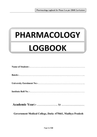 Page 1 of 60
Name of Student:-……………………………………………………………….
Batch:-…………………………………………………………………………...
University Enrolment No:-……………………………………………………..
Institute Roll No.:-………………………………………………………………
Academic Year:- ………………. to …………………
Government Medical College, Datia -475661, Madhya Pradesh
Pharmacology Logbook for Phase II as per CBME Curriculum
PHARMACOLOGY
LOGBOOK
 