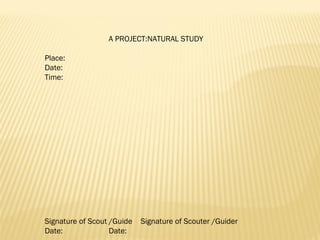 A PROJECT:NATURAL STUDY
 
Place:
Date:
Time:
 
 
 
 
 
 
 
 
 
 
 
 
 
 
Signature of Scout /Guide Signature of Scouter /Guider
Date: Date:
 